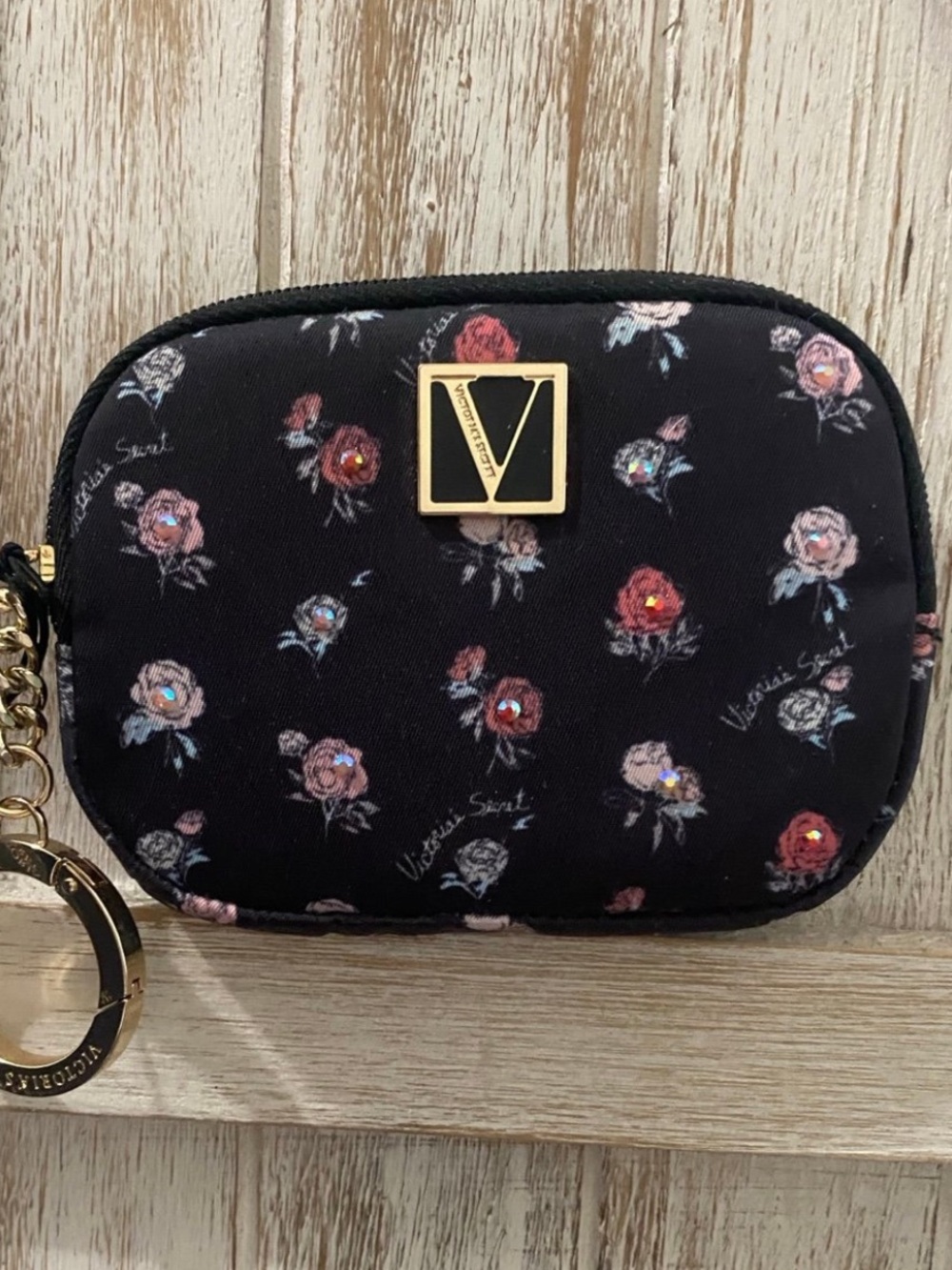 Victoria's Secret Black Floral Small Zip Coin Pouch with Gold Emblem